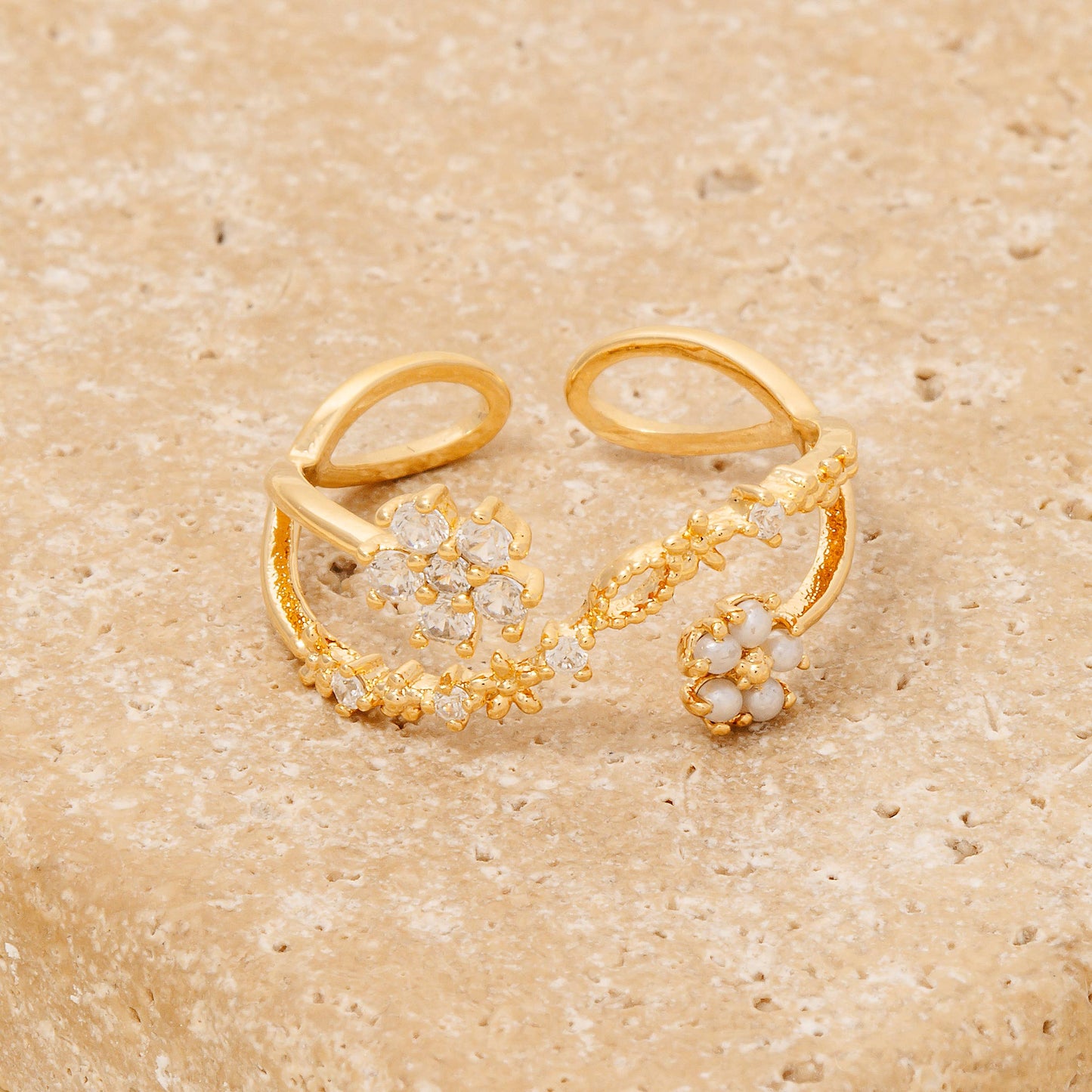 Layered Double Cz Flower Open Band Ring