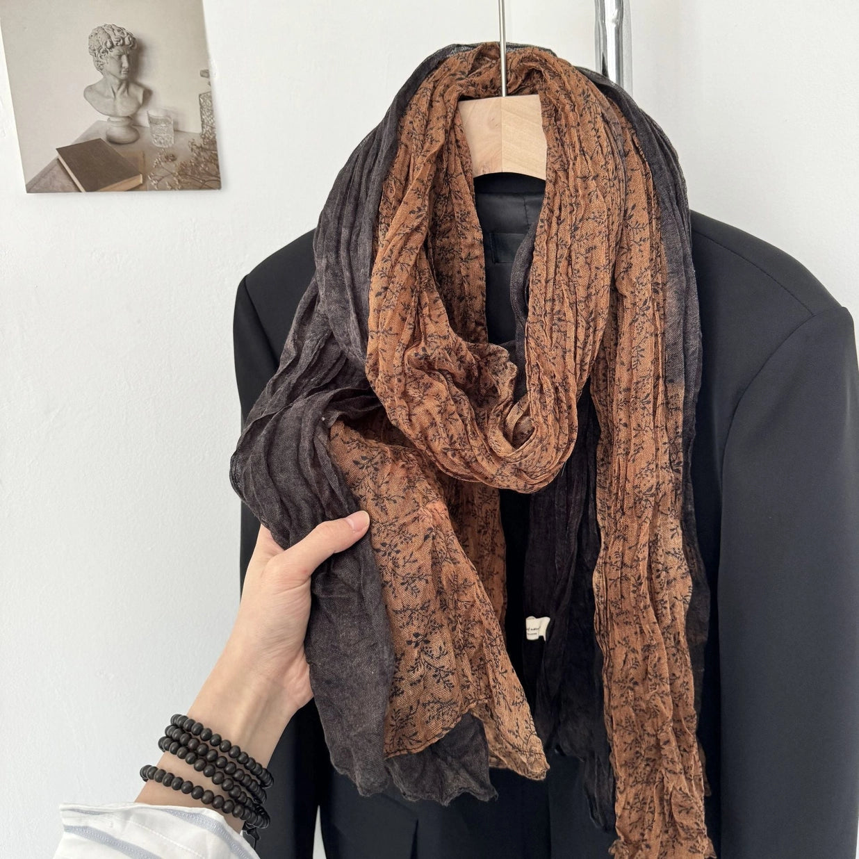 Pleated Floral Color Block Scarf