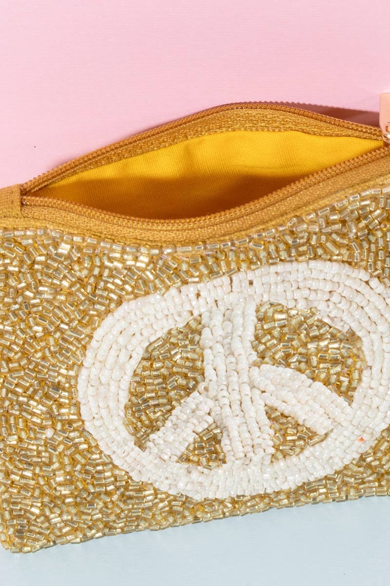 Gold Peace Sign Beaded Coin Purse