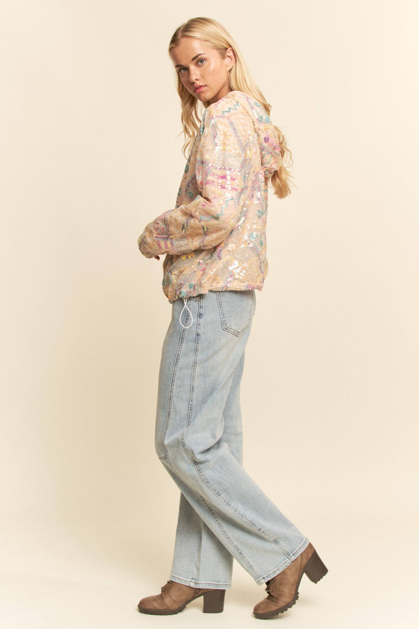 Sequin Embroidered Mesh Zip Up