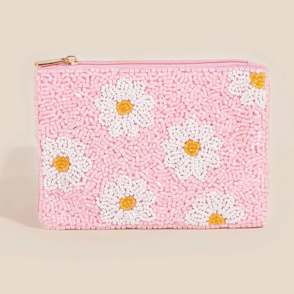Pink Daisy Seed Beaded Coin Purse
