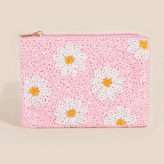Pink Daisy Seed Beaded Coin Purse