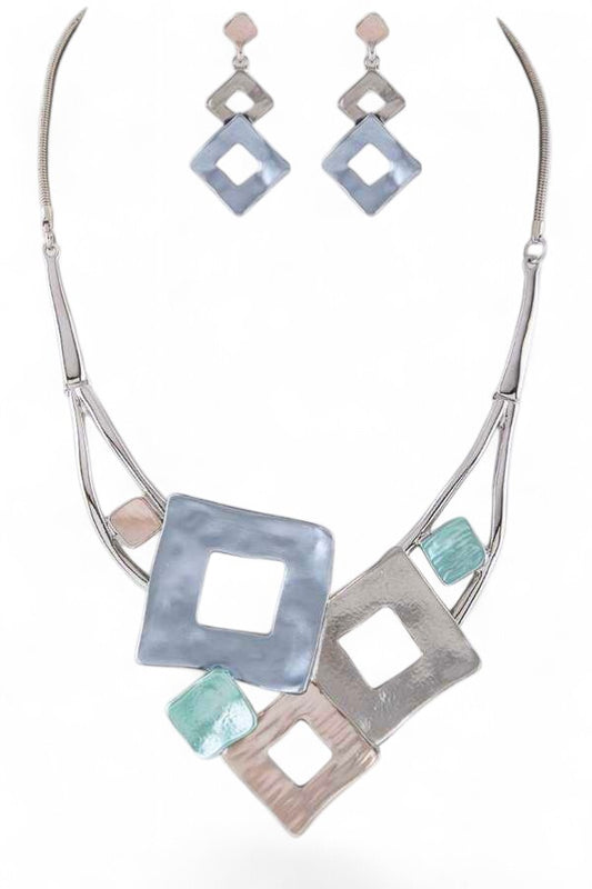 3 Tone Metal Squares Statement Necklace Set