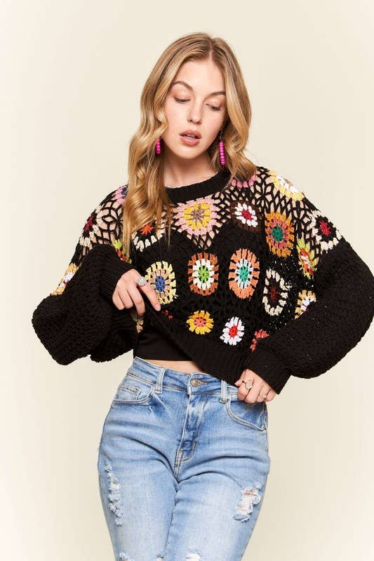 Granny Square Puff Sleeve Sweater