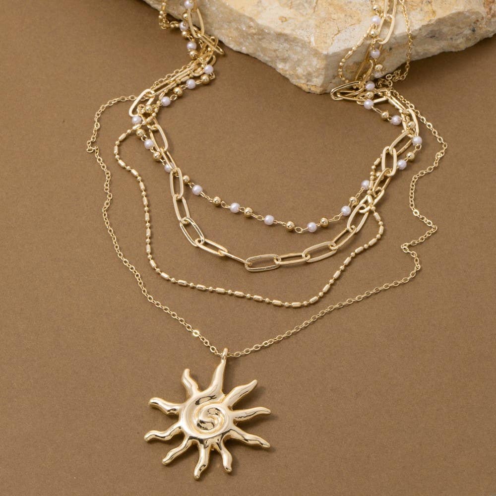 Spiral Sun Pendant Mixed Layered Chains Necklace