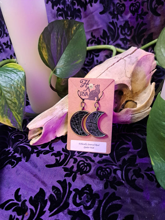 Real Spiderweb Bronze Moon Earrings