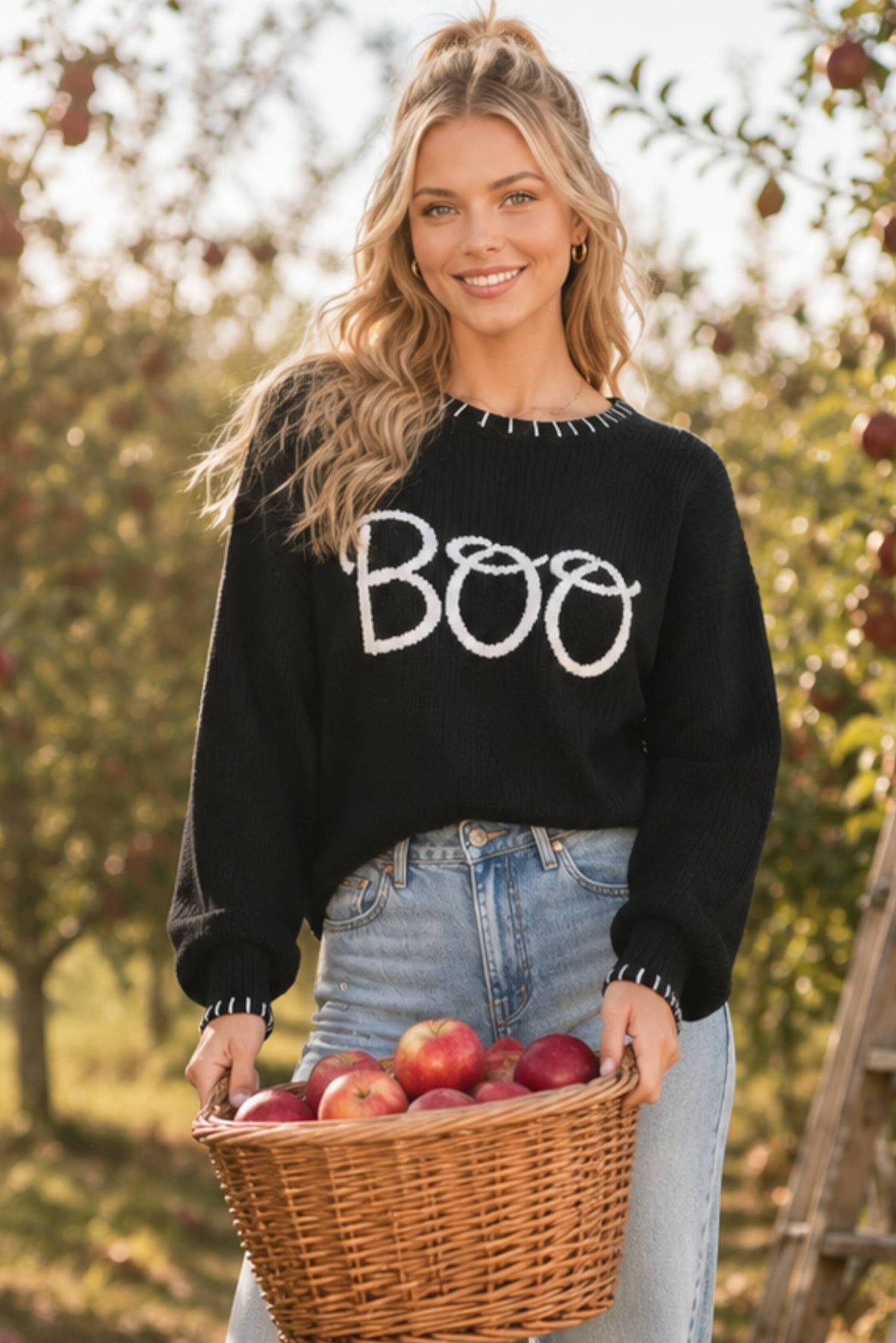 BOO Embroidered Halloween Knit Sweater