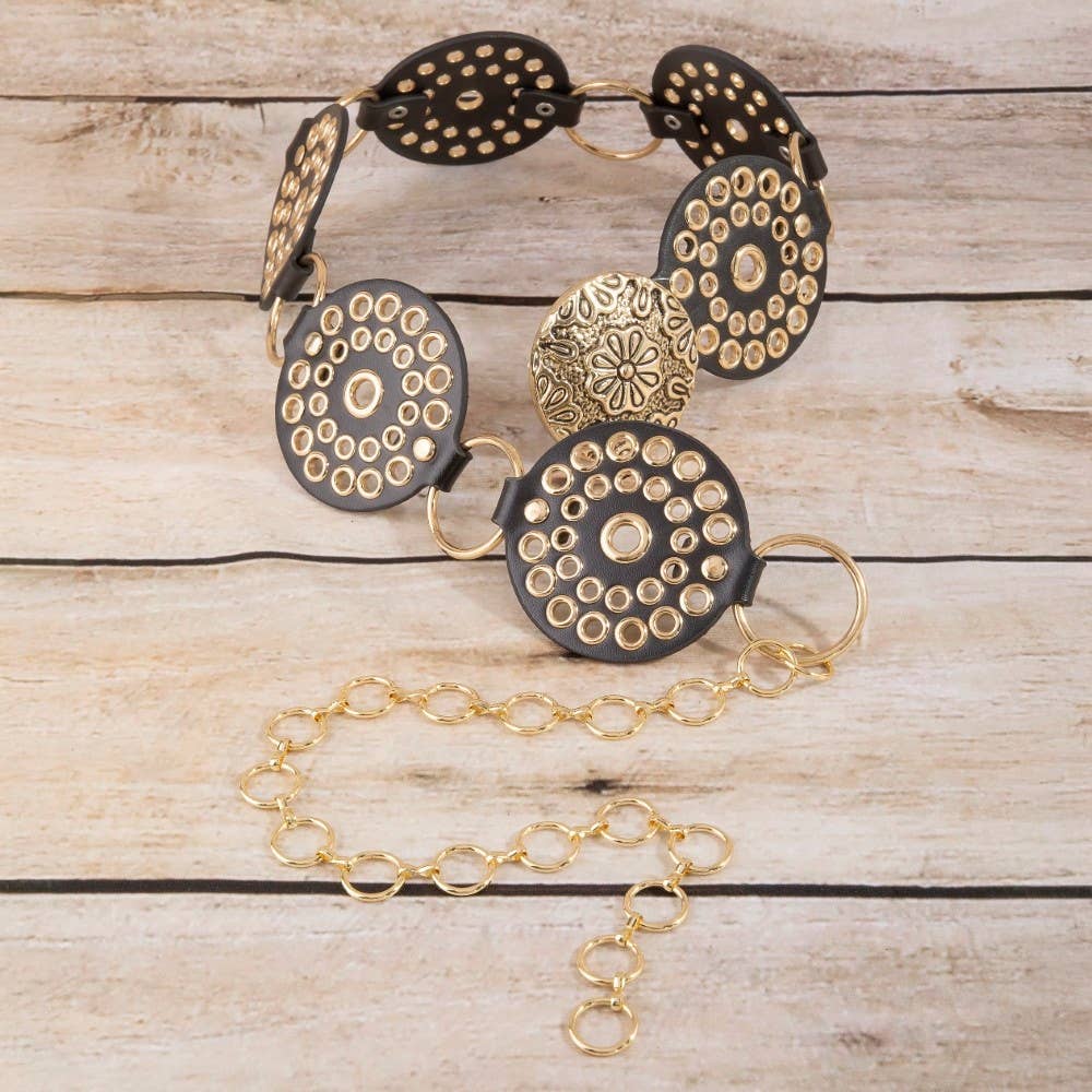 Vegan Leather Studded Disc Floral Concho Chain Belt