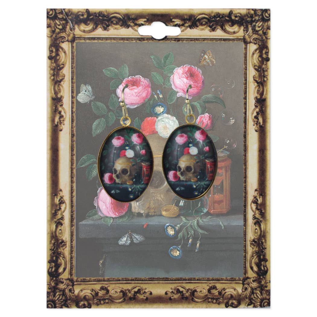 Skull Print Gold Oval Fine Art Earrings