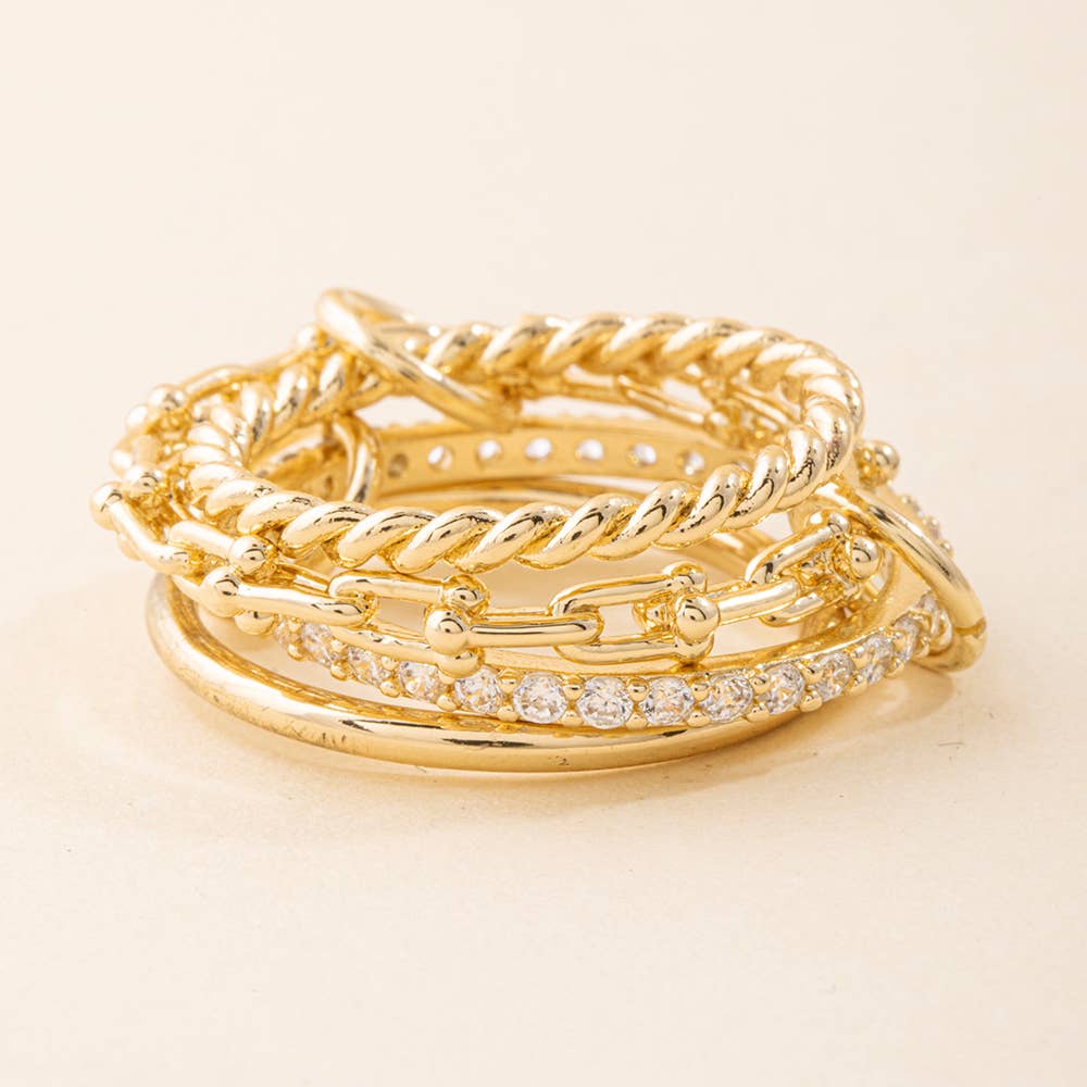 Four Piece Cz Pave And Chain Link Stackable Ring Set