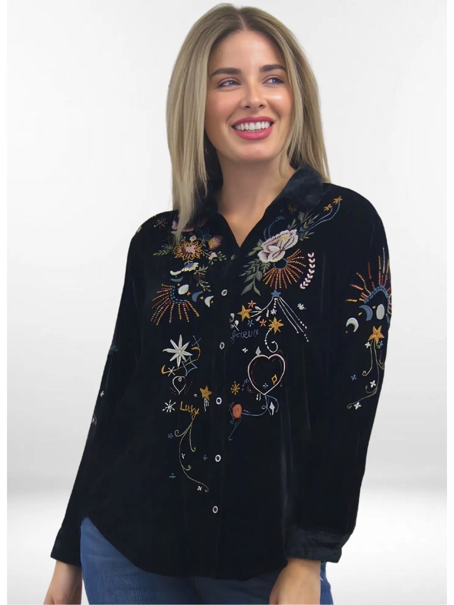 Selena Shirt | Black Velvet Embroidered Top