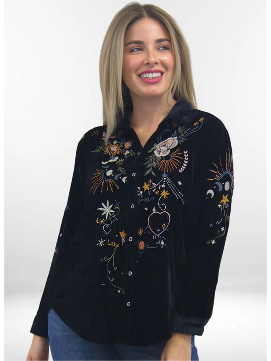 Selena Shirt | Black Velvet Embroidered Top