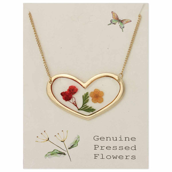 Red Green Dried Flower Heart Necklace