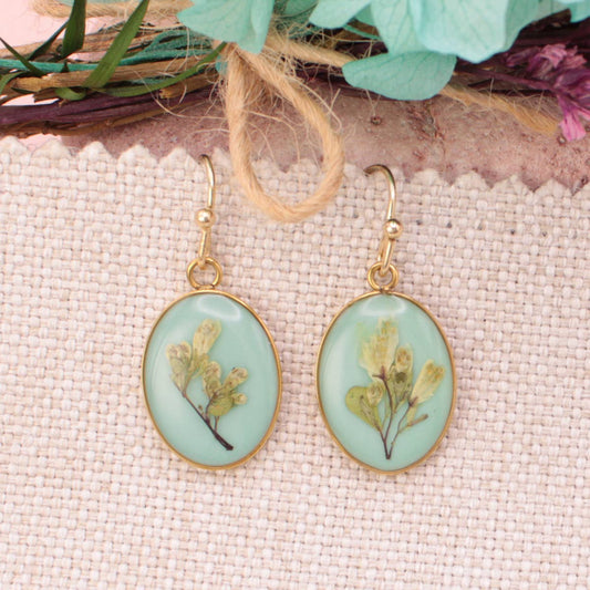 Blue Oval Gold Dried Flower Earrings