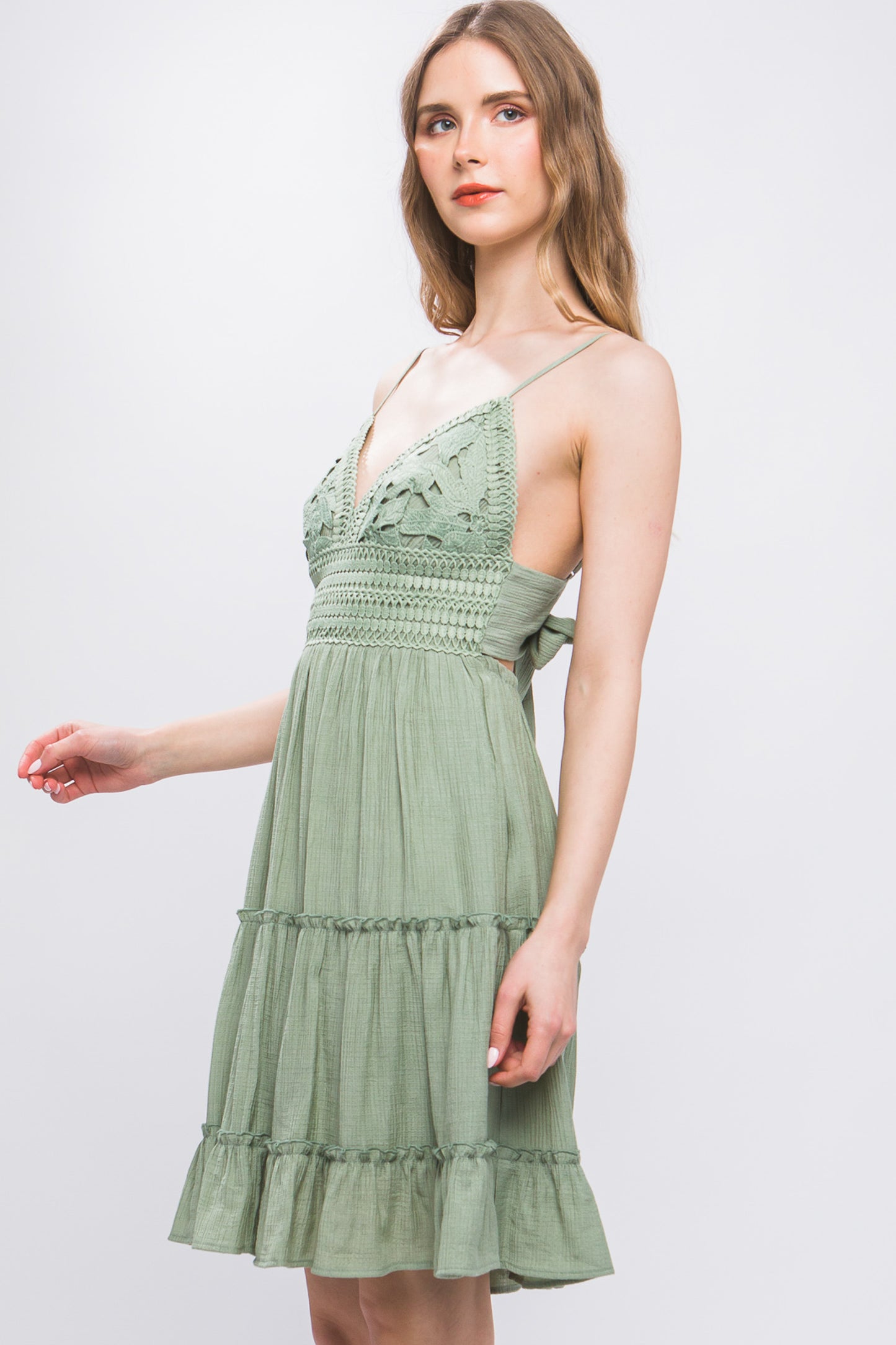 Lace Paneled Tie Back Midi Dress