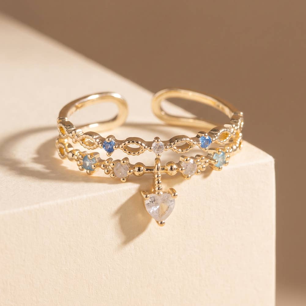 Cz Double Band Heart Charm Ring