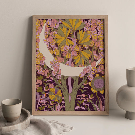 The Moon Boho Style Floral Celestial Art Print