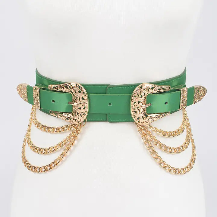 Double Buckle Layered Chain Stretch Belt