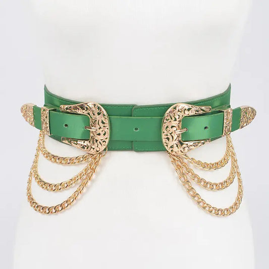 Double Buckle Layered Chain Stretch Belt