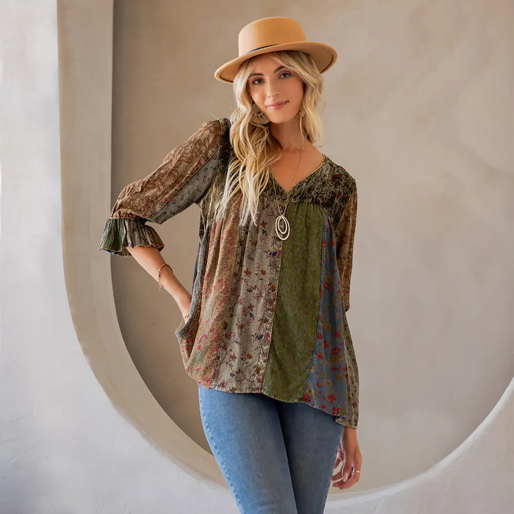 Vintage Boho Patchwork Velvet Top