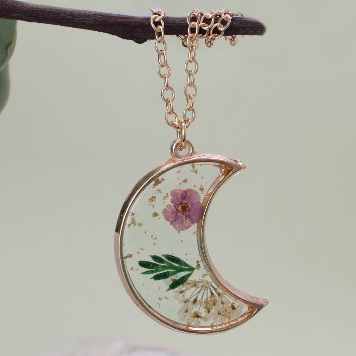 Purple Floral Moon Dried Flower Gold Necklace