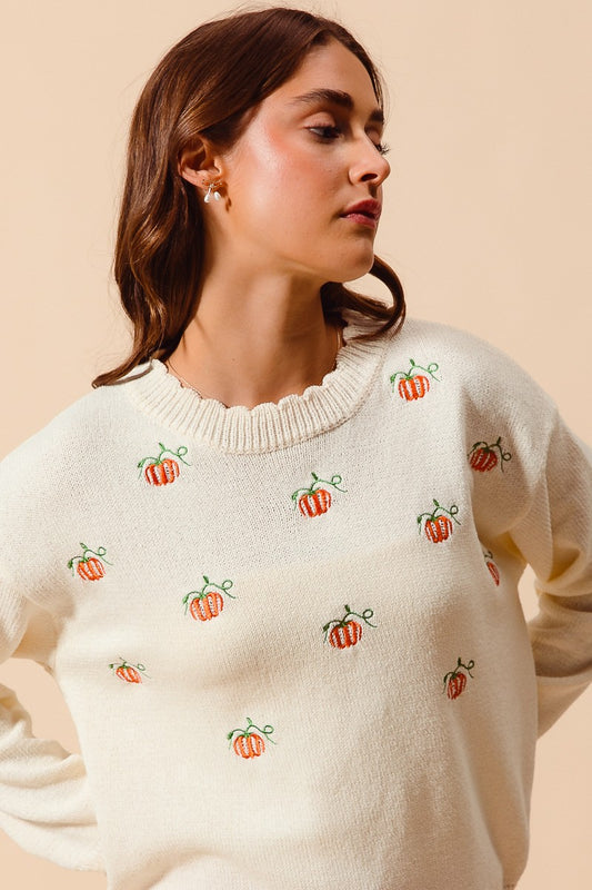 Pumpkin Embroidered Sweater