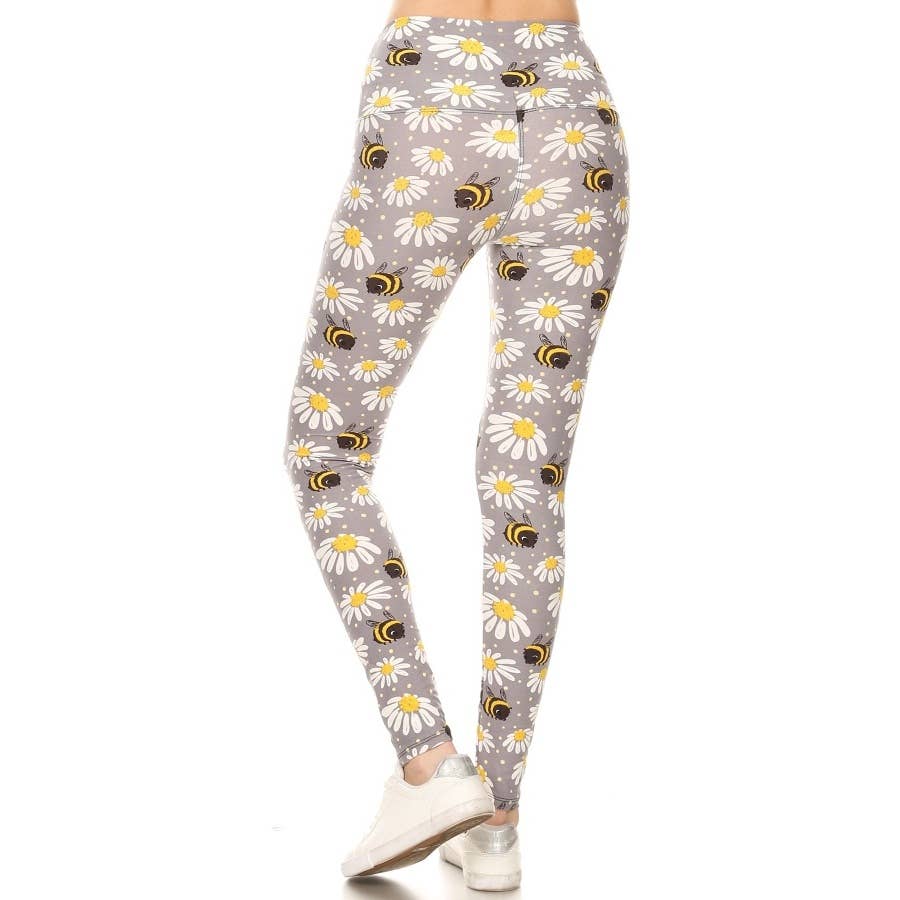 Bumble Bee Daisy Print Yoga Band Leggings