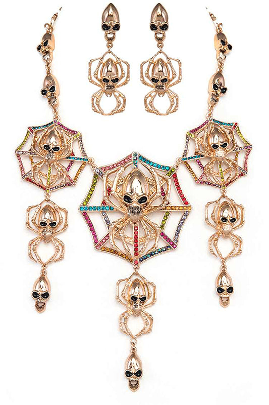 Crystal Spiderweb Skull Statement Necklace Set