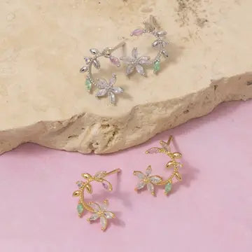 Cz Leaf Flower Circle Stud Earrings