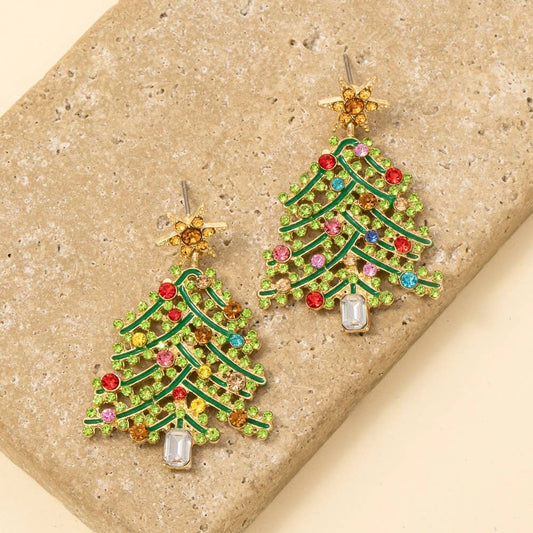 Vibrant Studded Holiday Tree Dangle Earrings