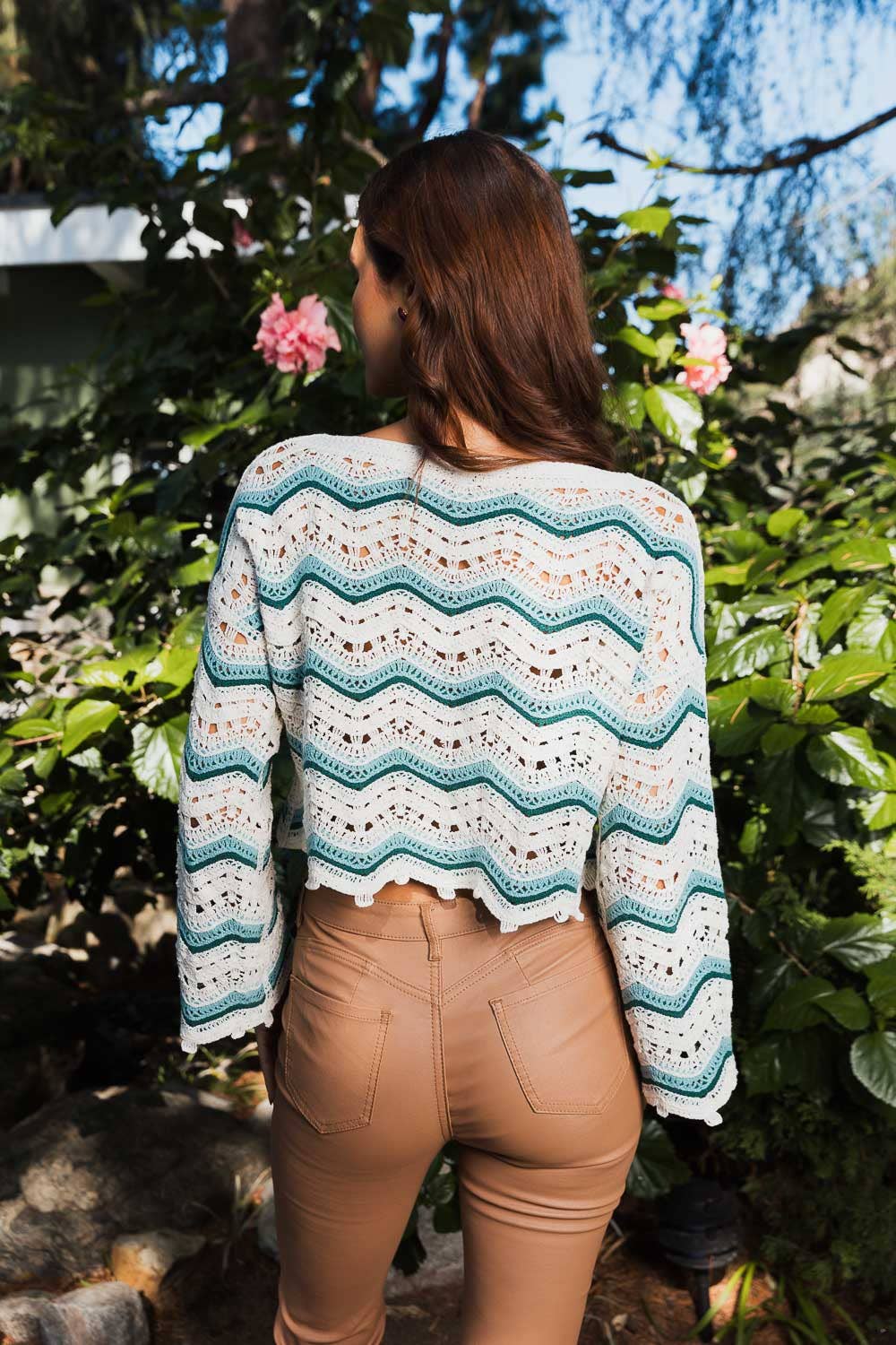 Long Sleeve Chevron Patterned Crochet Top