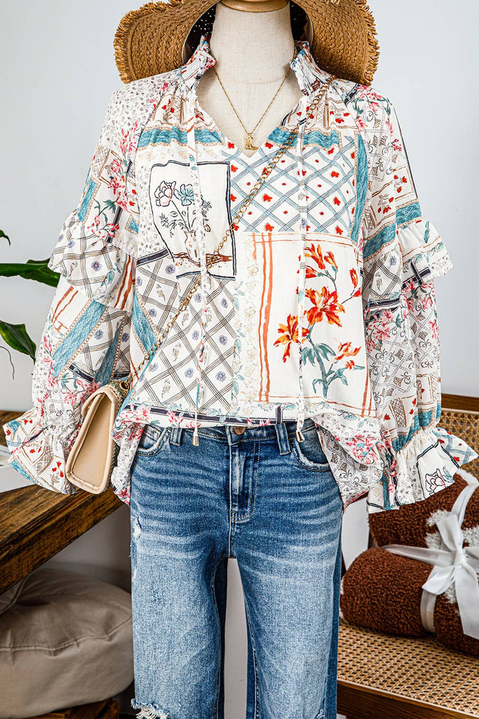 Floral Ruffled Sleeve Tied Neck Blouse