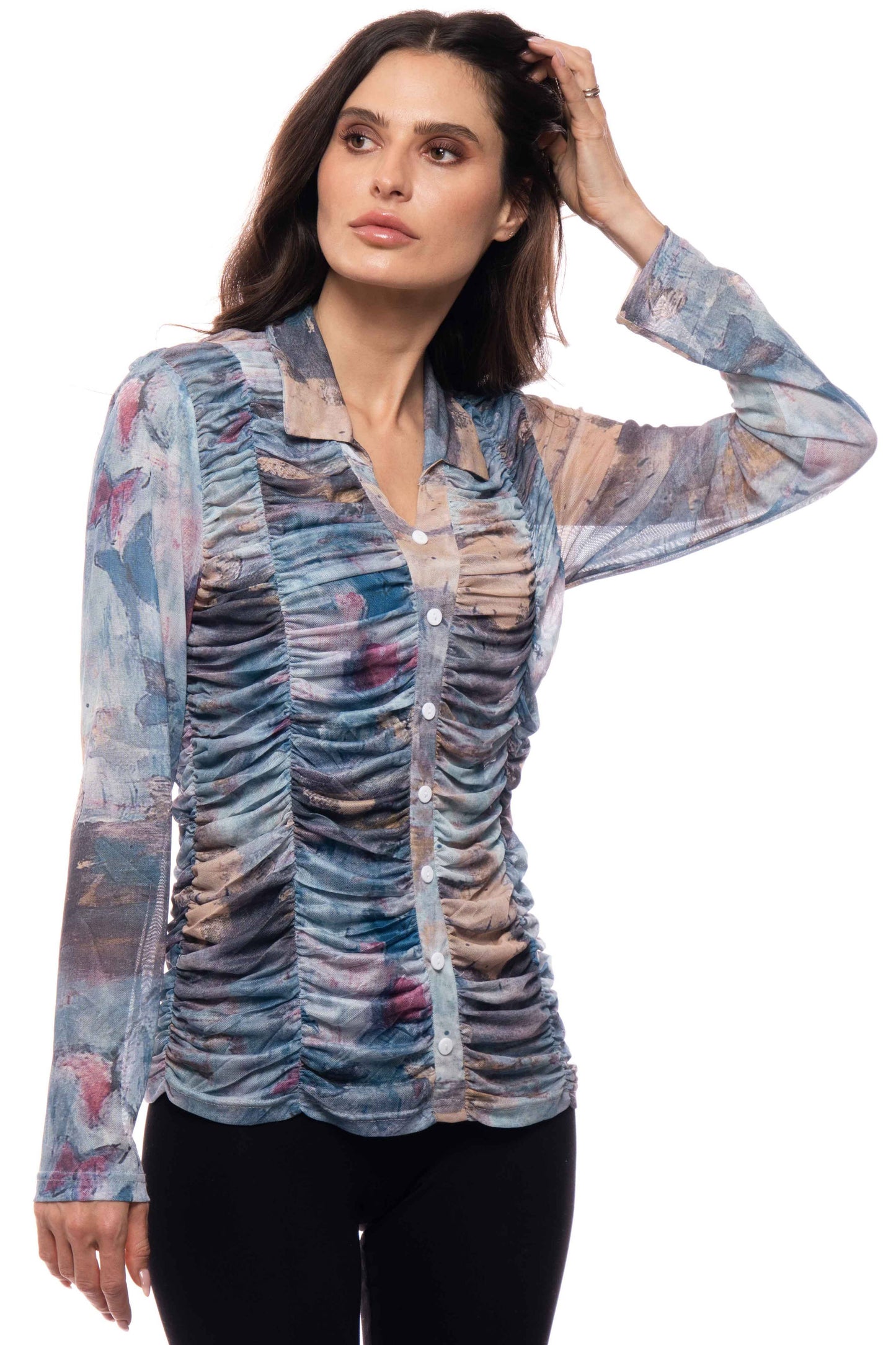Ruched Sheer Butterfly Button Down