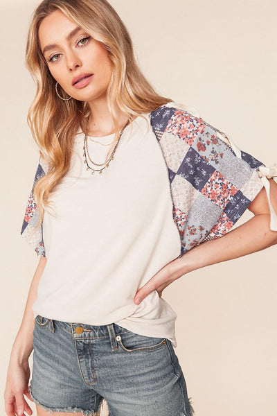 Patchwork Print Lace Sleeve Top