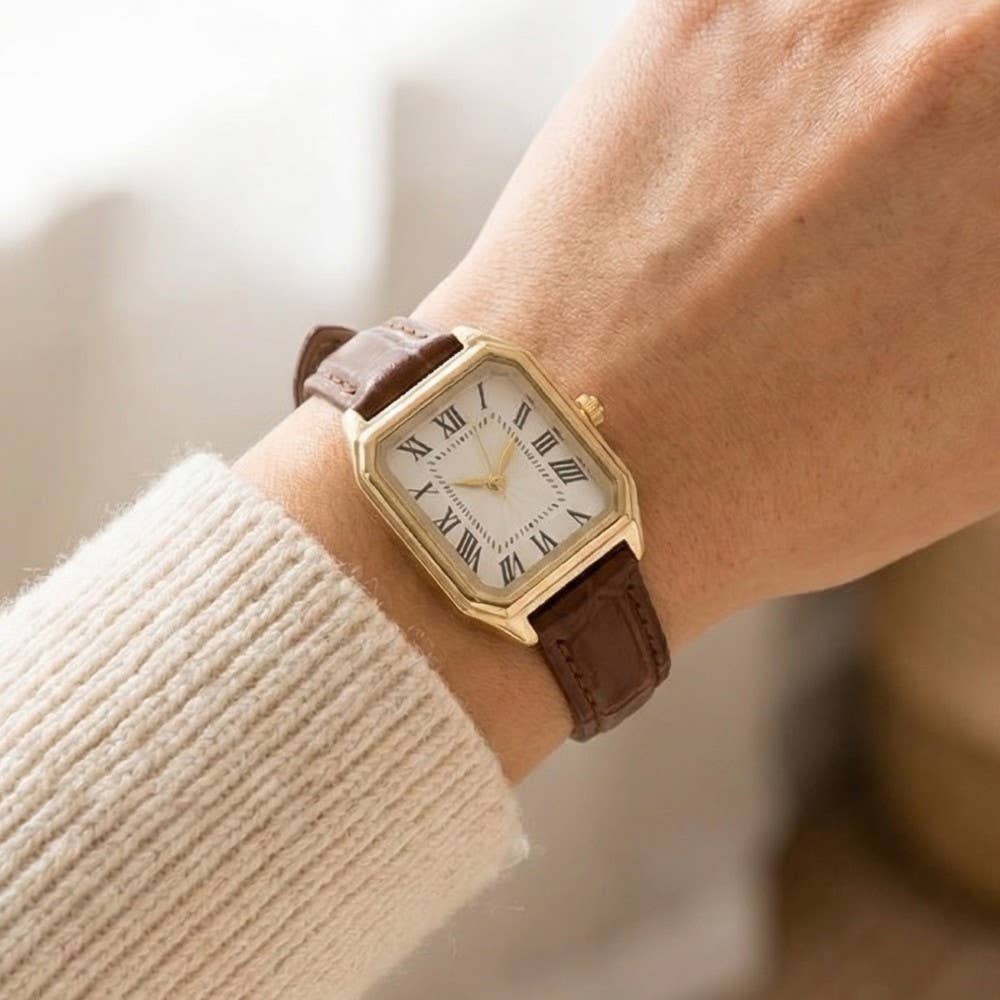 Vintage Square Leather Strap Watch