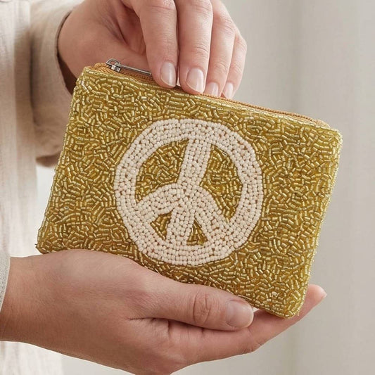 Gold Peace Sign Beaded Coin Purse