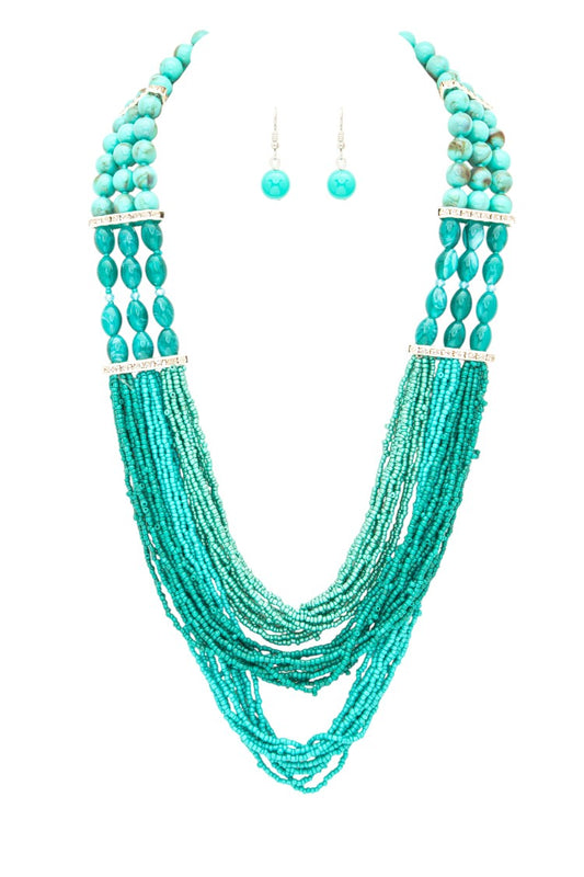 Turquoise Seed Beads Layered Necklace Set