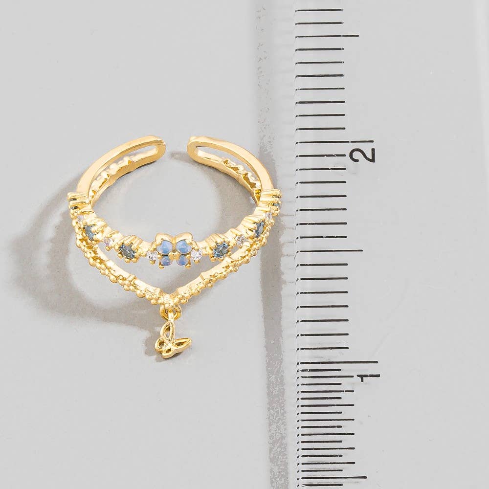 Gold Dipped Cz & Butterfly Double Row Ring