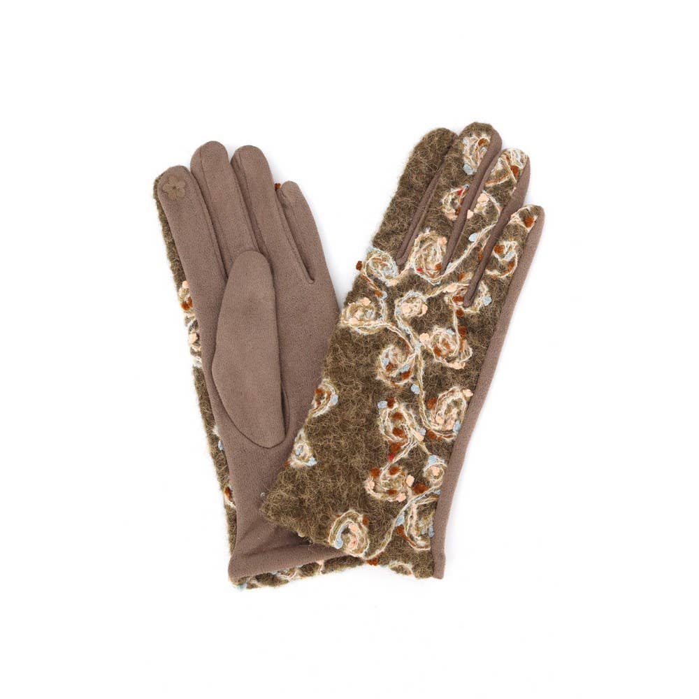 Rosette Embroidered Knit Touchscreen Gloves