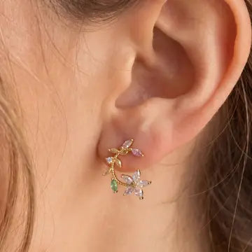 Gold Dipped Cz Leaf Flower Circle Stud Earrings