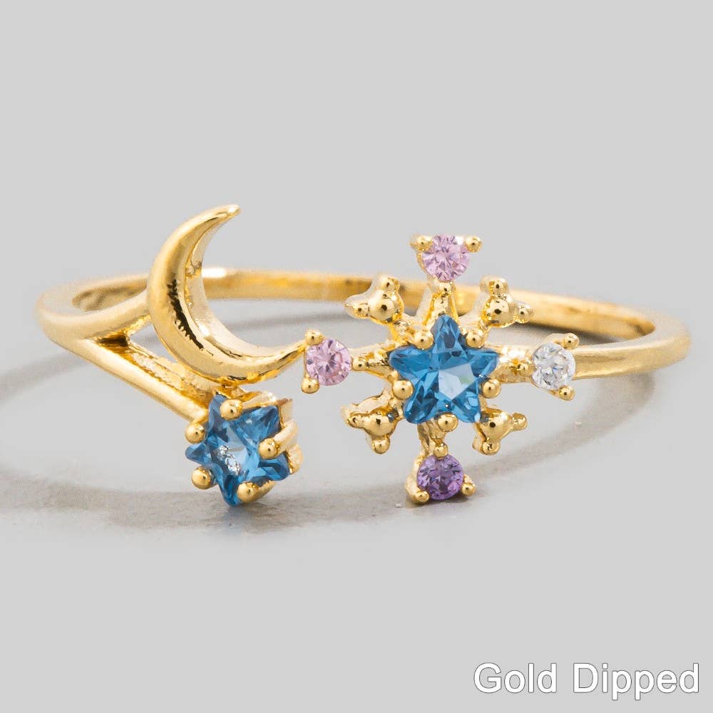 Gold Dipped Cz Starburst & Moon Open Ring