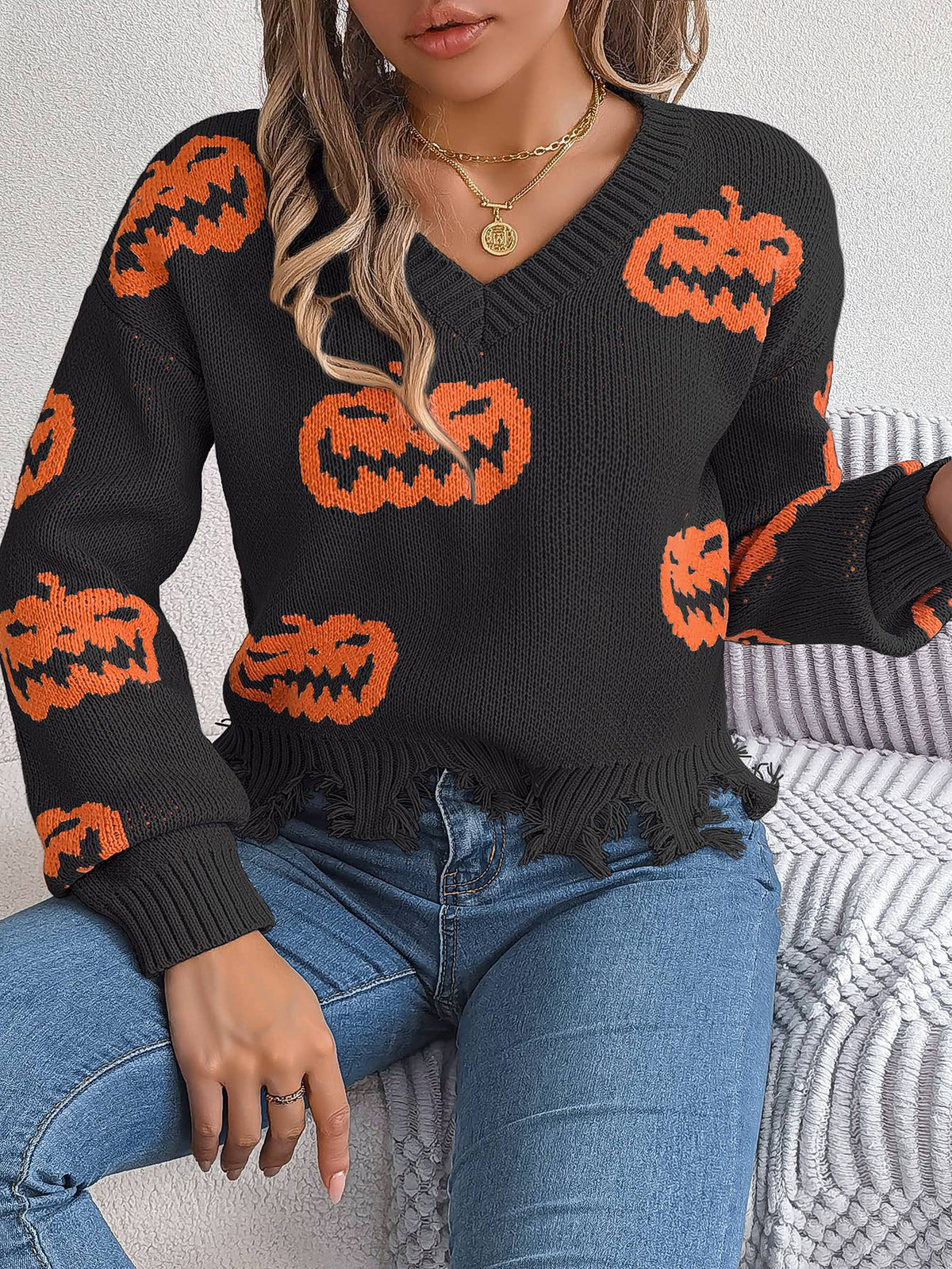 Distressed Jack O Lantern Sweater