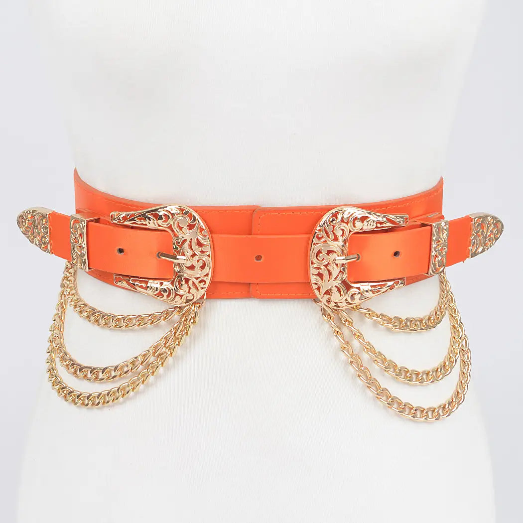 Double Buckle Layered Chain Stretch Belt