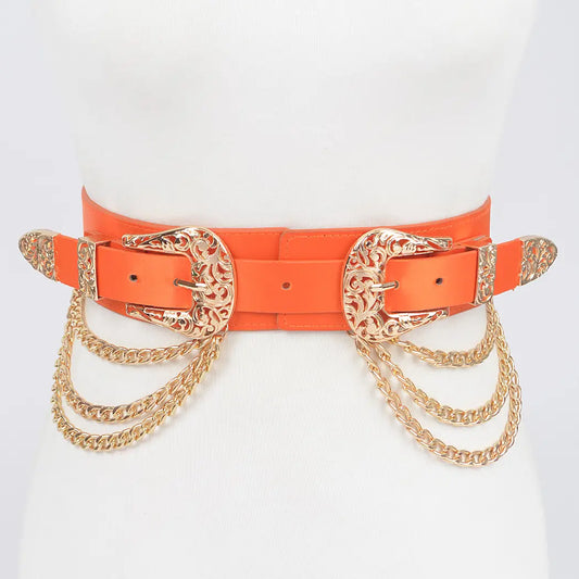Double Buckle Layered Chain Stretch Belt
