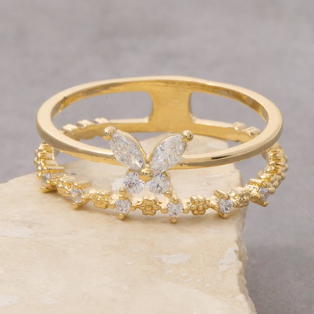 Two Row Gold Dipped Cz Butterfly Ring