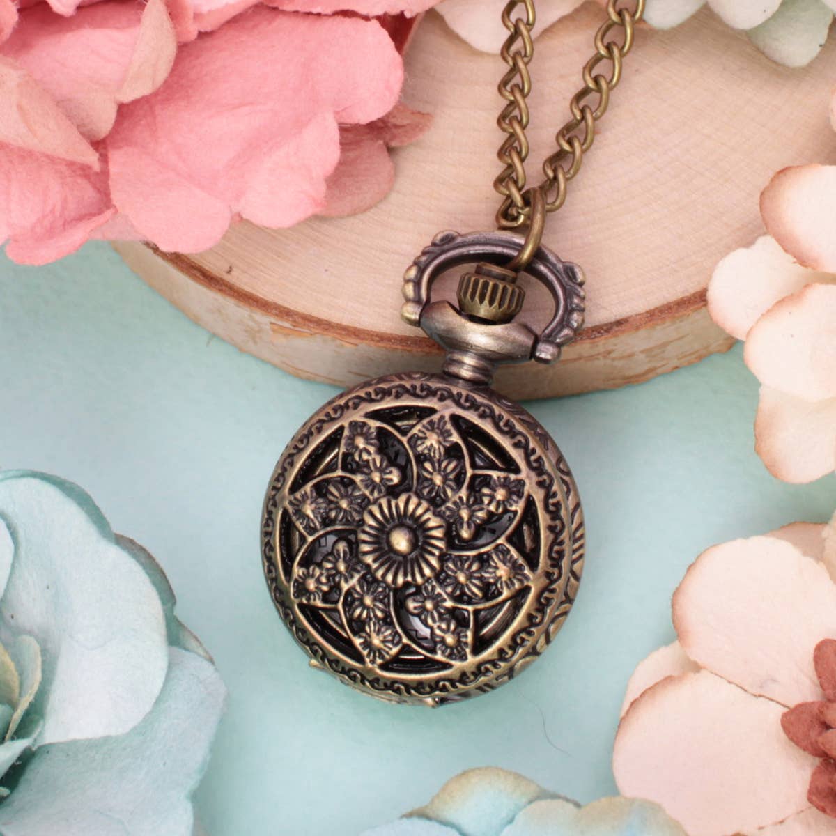 Flower Bloom Gold Pocket Watch Necklace