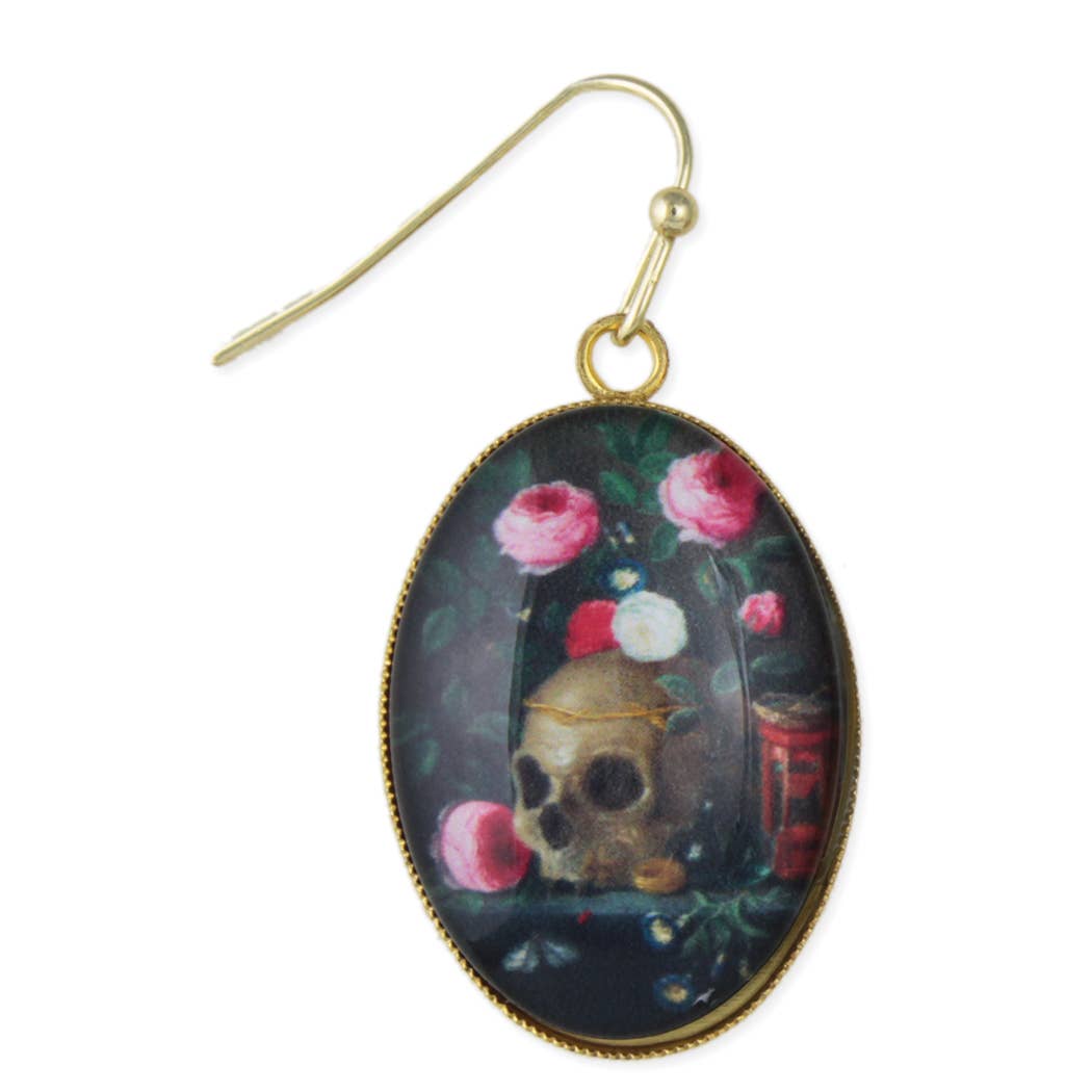 Skull Print Gold Oval Fine Art Earrings