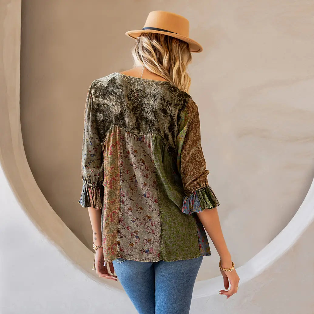 Vintage Boho Patchwork Velvet Top
