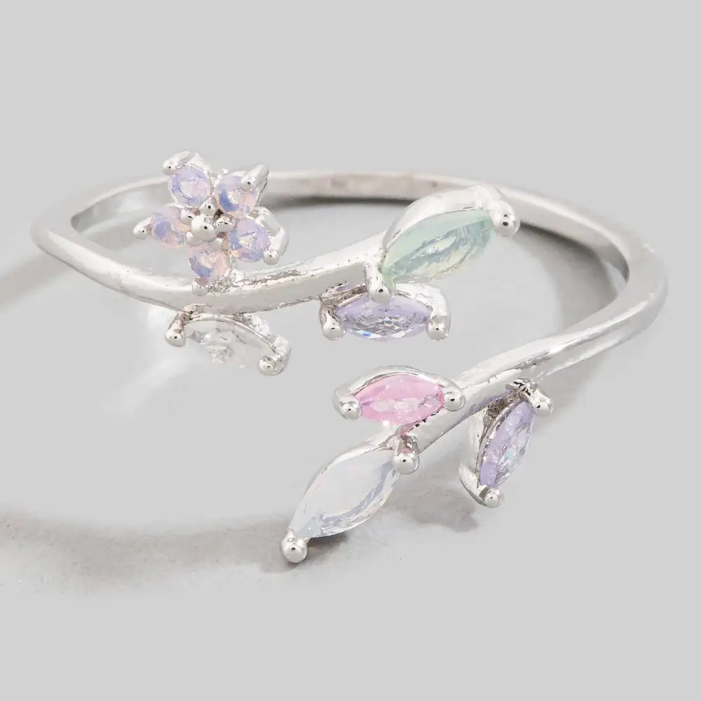 Layered Cz Leaf Branch Open Band Ring