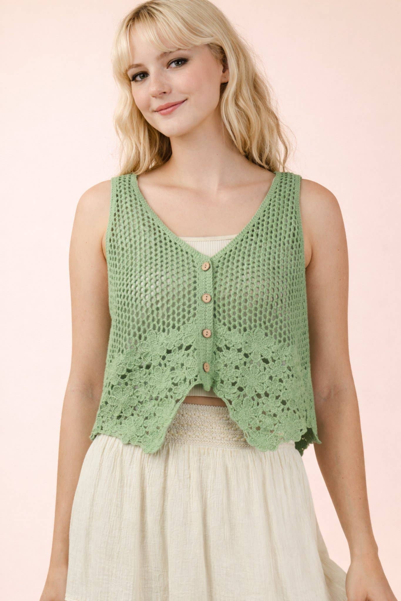 Crochet Knit Vest w/ Floral Hem